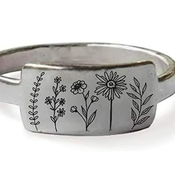 Carved Engraving Wildflowers Dandelion Daisy Silver Ring - Picture 7 of 8